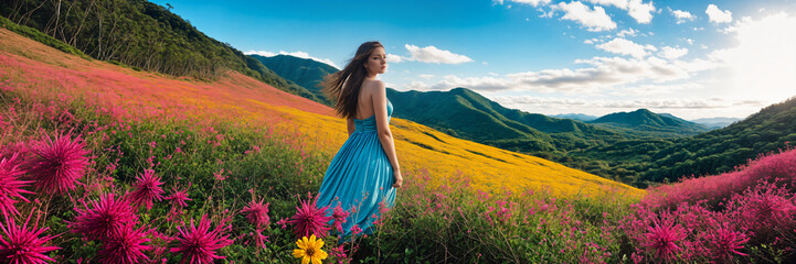 Blossom Bloom: Stunning Girl Immersed in the Hillside Flowers - obrazy, fototapety, plakaty