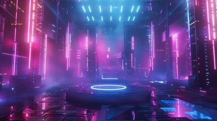 abstract backgound video game of esports scifi gaming cyberpunk, vr virtual reality simulation and metaverse, scene stand pedestal stage, 3d illustration rendering, futuristic neon glow room 