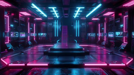 abstract backgound video game of esports scifi gaming cyberpunk, vr virtual reality simulation and metaverse, scene stand pedestal stage, 3d illustration rendering, futuristic neon glow room  - obrazy, fototapety, plakaty