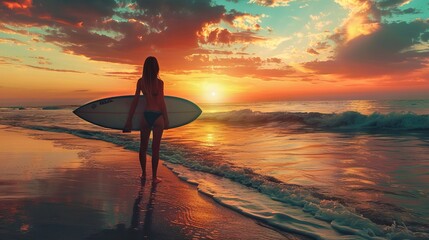 Beautiful sexy surfer girl on the beach at sunset  - obrazy, fototapety, plakaty