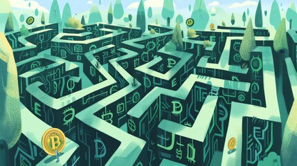 An illustration of a maze where the walls are made of bitcoins and a person is trying to find a way out by overcoming obstacles and collecting bitcoins along the way --no text, titles --ar 16:9 - - obrazy, fototapety, plakaty
