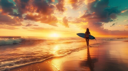 Beautiful sexy surfer girl on the beach at sunset 