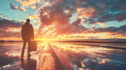  Solo Traveler with Suitcase Walking at Sunset - obrazy, fototapety, plakaty