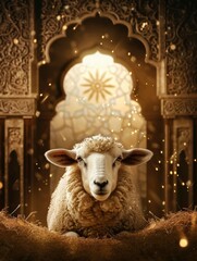 Naklejka premium Sacred Sacrifice- Eid Al Adha Mubarak Background with Sheep and Islamic Prayer and copy space - generative ai