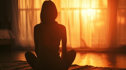 Tranquil woman in silhouette practicing zen meditation on bedroom floor, embracing inner peace and serenity