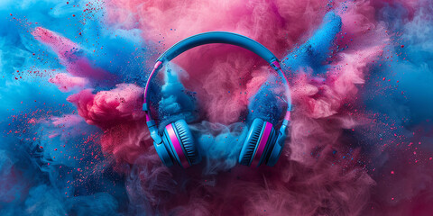 Headphone and vivid color powder. Creative music and festival concept AI-generated Image