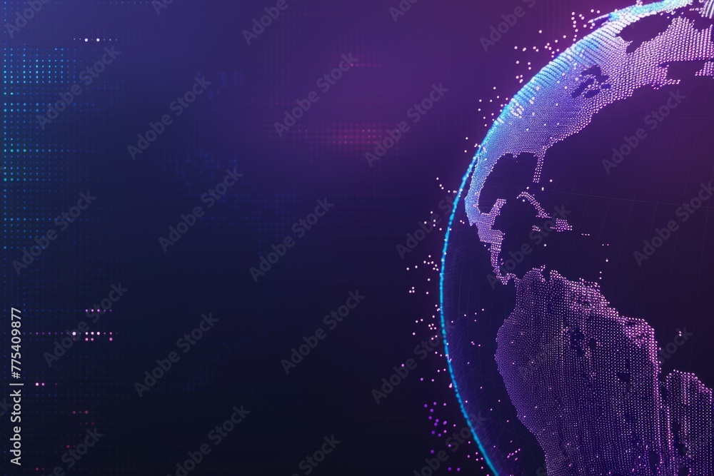 Poster digital technology background with blue gradient and digital world globe made of dots on dark purple