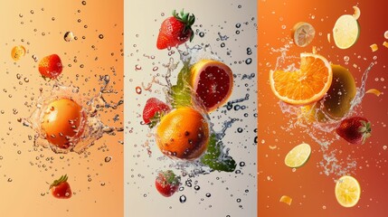 Fruit explosion in hyper-realistic style, vibrant colors scattered in mid-air, modern aesthetic