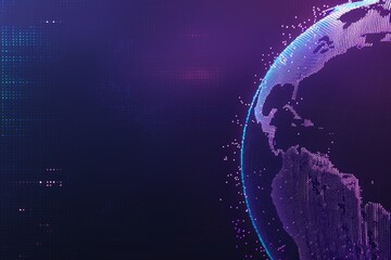 Digital technology background with blue gradient and digital world globe made of dots on dark purple background, data transfer concept Generative AI - obrazy, fototapety, plakaty