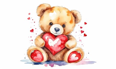 Teddy bear with heart on white background. Watercolor illustration.