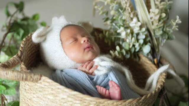 The scene where an 8-day-old Taiwanese baby wrapped in a blue wrap and wearing a rabbit ear hat is laughing and taking a newborn photography 青いおくるみに巻かれた台湾人の生後８日の赤ちゃんがニューボーンフォトを撮影されている光景