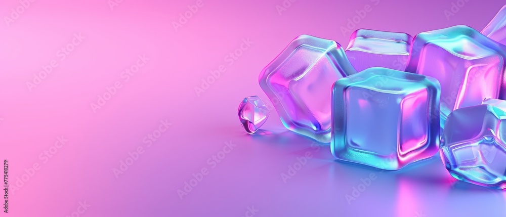 Poster a collection of ice cubes positioned together on a multicolored platform against a pink backdrop