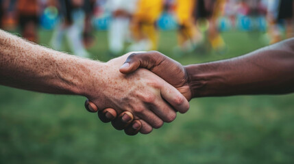 Sportsmanship handshake against the backdrop of a soccer match. Concept of Football World Cup and...