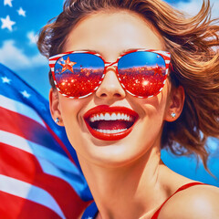 Portrait of attractive smiling white woman with sunglasses during the 4th of July party in the United States.