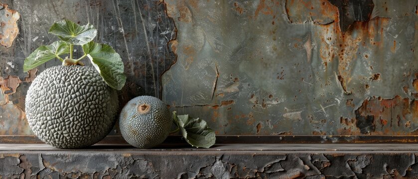   Two green fruits resting atop wooden shelf adjacent to old metal wall with attached green leaf
