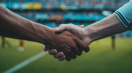 Sportsmanship handshake against the backdrop of a soccer match. Concept of Football World Cup and...