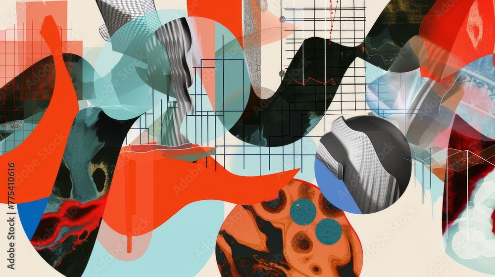 Poster a collage of abstract shapes and colors inspired by stock indicators and analytical tools, creating 