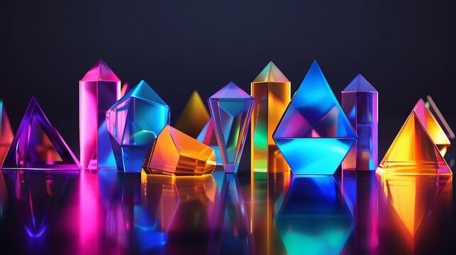 Abstract 3D Geometric Shapes in Neon Colors on a Reflective Black Surface