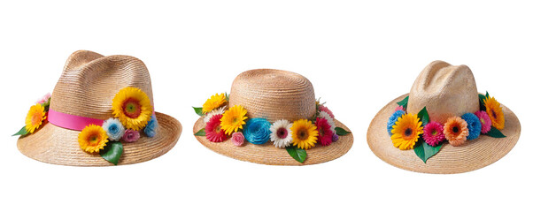 Ai generated three summer straw hats with flowers isolated on transparent background 