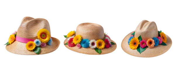 Ai generated three summer straw hats with flowers isolated on transparent background 