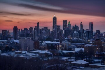 City skyline bathed in twilight hues, urban beauty captured