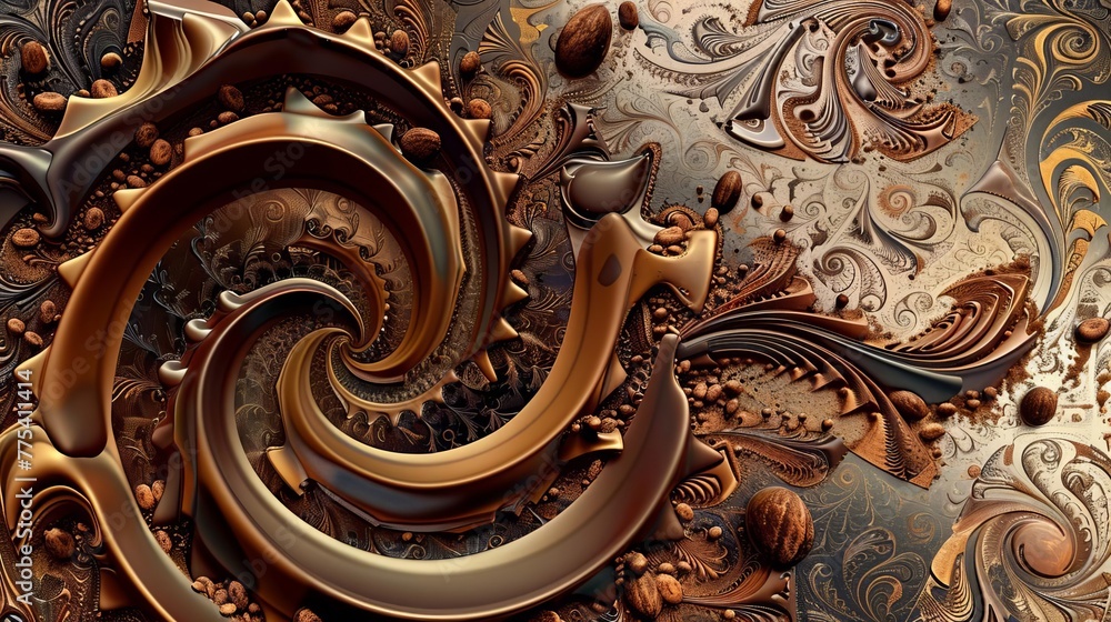 Poster abstract chocolate swirls and patterns with scattered cocoa beans, digital art