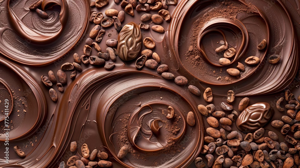 Poster abstract chocolate swirls and patterns with scattered cocoa beans, digital art