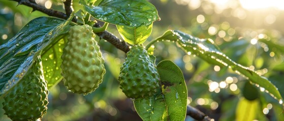 Obraz premium A close-up photograph of a tree's branches adorned with unripe fruit and vibrant leaves