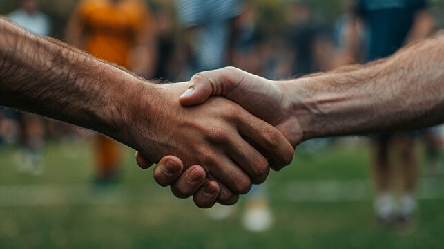 Sportsmanship handshake against the backdrop of a soccer match. Concept of Football World Cup and sports competition between international teams.