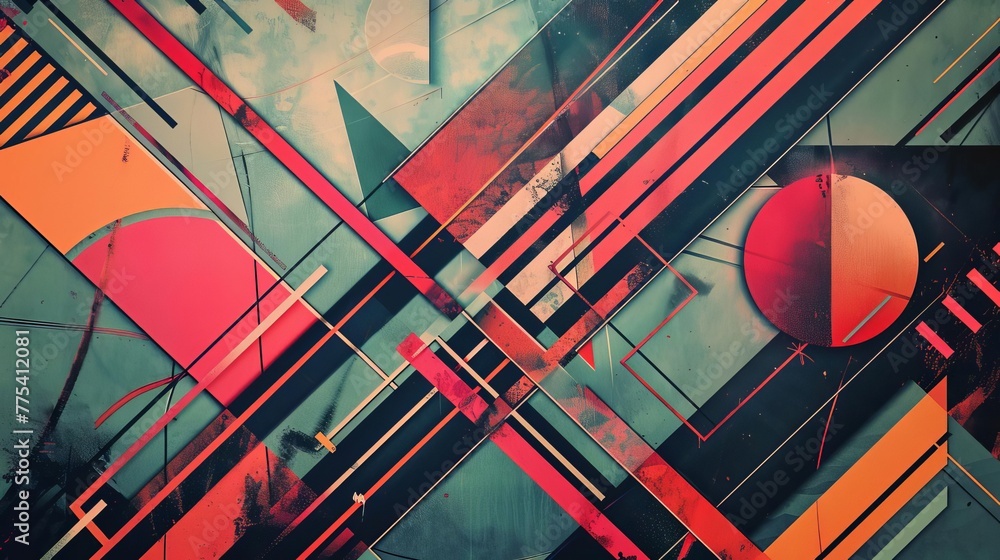 Poster Abstract digital art composition with geometric shapes, lines, and a retro-inspired color scheme, creating a visually striking and dynamic design
