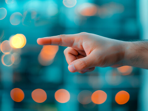 A hand pointing with index finger with out of focus office background.