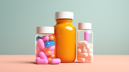 Three Different Sized Medicine Bottles With Colorful Pills.