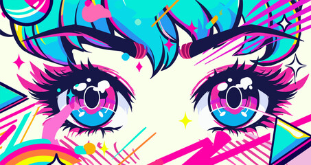 Close-up of a character with big shiny anime eyes and blush on a geometric 90s retrowave background.  - 775412276