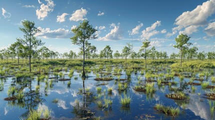 peat swamp plant trees and vegetation against blue sky background