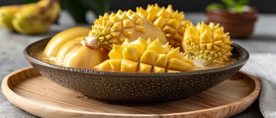   A bowl of yellow fruit sits atop a wooden plate, which is placed on a larger wooden plate, ultimately resting on a table