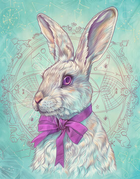 Easter rabbit with bow in vintage drawing style