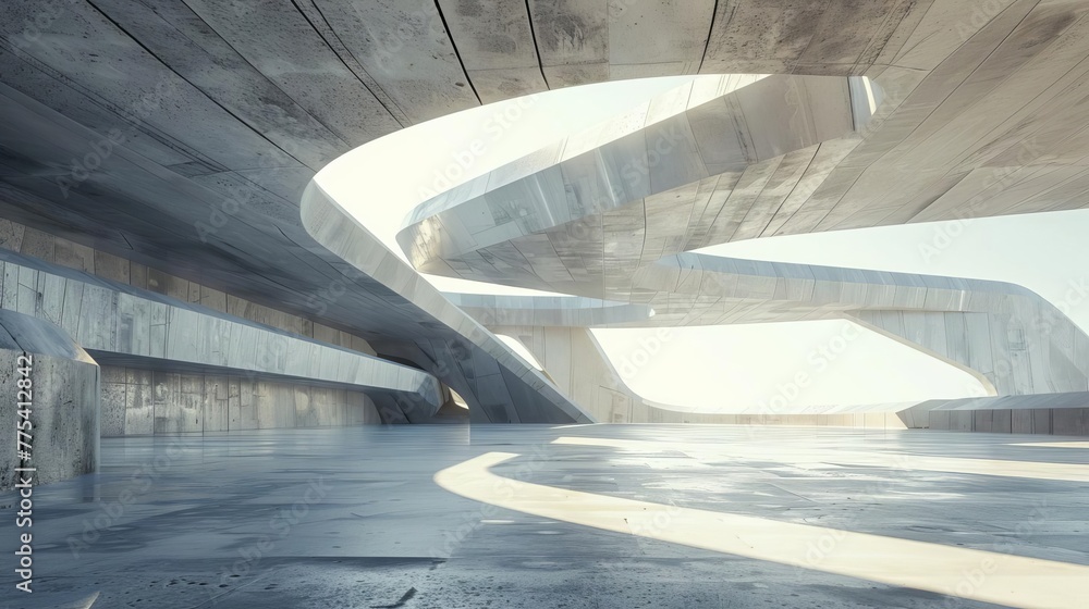 Poster abstract futuristic building with empty concrete floor, 3d architectural visualization