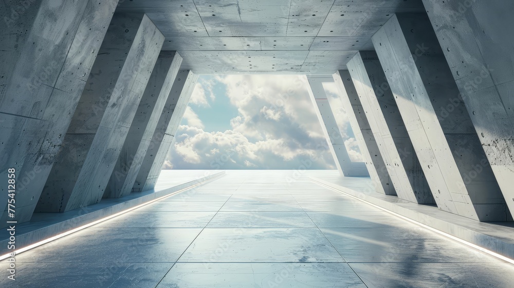 Poster abstract futuristic building with empty concrete floor, 3d architectural visualization