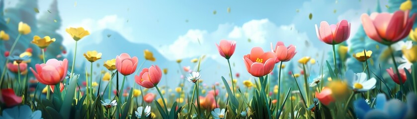 Cartoon 3D spring meadow blooming flowers - obrazy, fototapety, plakaty