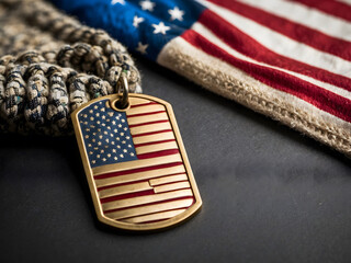 Fototapeta na wymiar US military dog tags in the shape of the American flag. This symbolizes the essence of Memorial Day and Veterans Day.