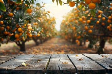 a wood table with oranges in the background