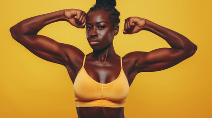 Black fitness girl in powerful dynamic posture against a yellow background. Concept for wellness campaigns and motivational content.