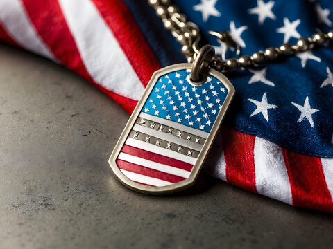 US military dog tags in the shape of the American flag. This symbolizes the essence of Memorial Day and Veterans Day.