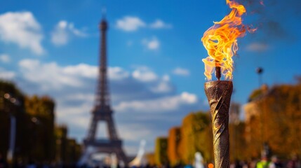 Flame of the Olympic Games in Paris with the Eiffel Tower in the background on a sunset in high resolution and high quality HD