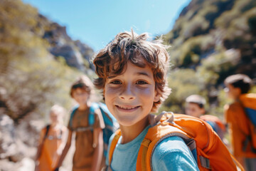 Active young kids, teenagers hiking in the mountains, summer camp - obrazy, fototapety, plakaty