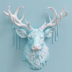 Poster Pastel reindeer head, glazed dripping, ceramics, diffused dreaminess, drips, sleek, blue pastel background. © Sutee