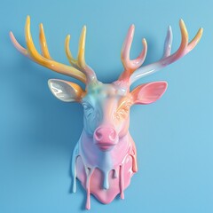 Naklejka premium Pastel reindeer head, glazed dripping, ceramics, diffused dreaminess, drips, sleek, blue pastel background.