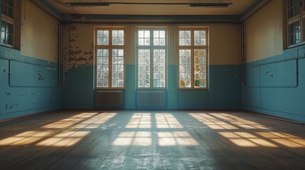 The old empty room. The view through window is the backdrop and hardwood floors.