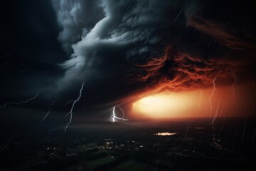 A twister touching down on ground with heavy cloud covering sky.