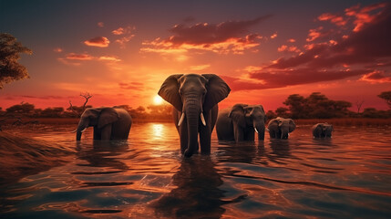 Elephant Leading Herd in Shallow River at Sunset - obrazy, fototapety, plakaty